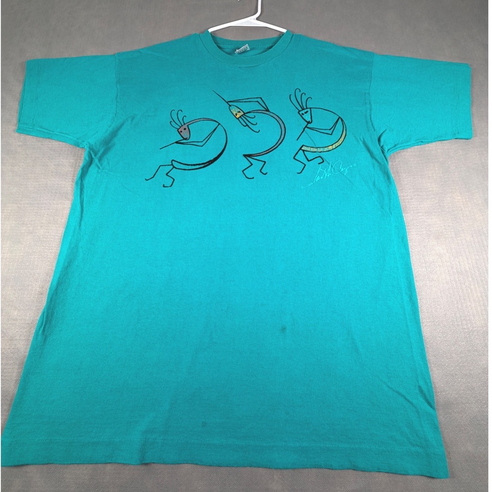 Vintage 90s Fruit of the Loom Lowell Caylor Kokopelli T-Shirt XL Teal USA Made